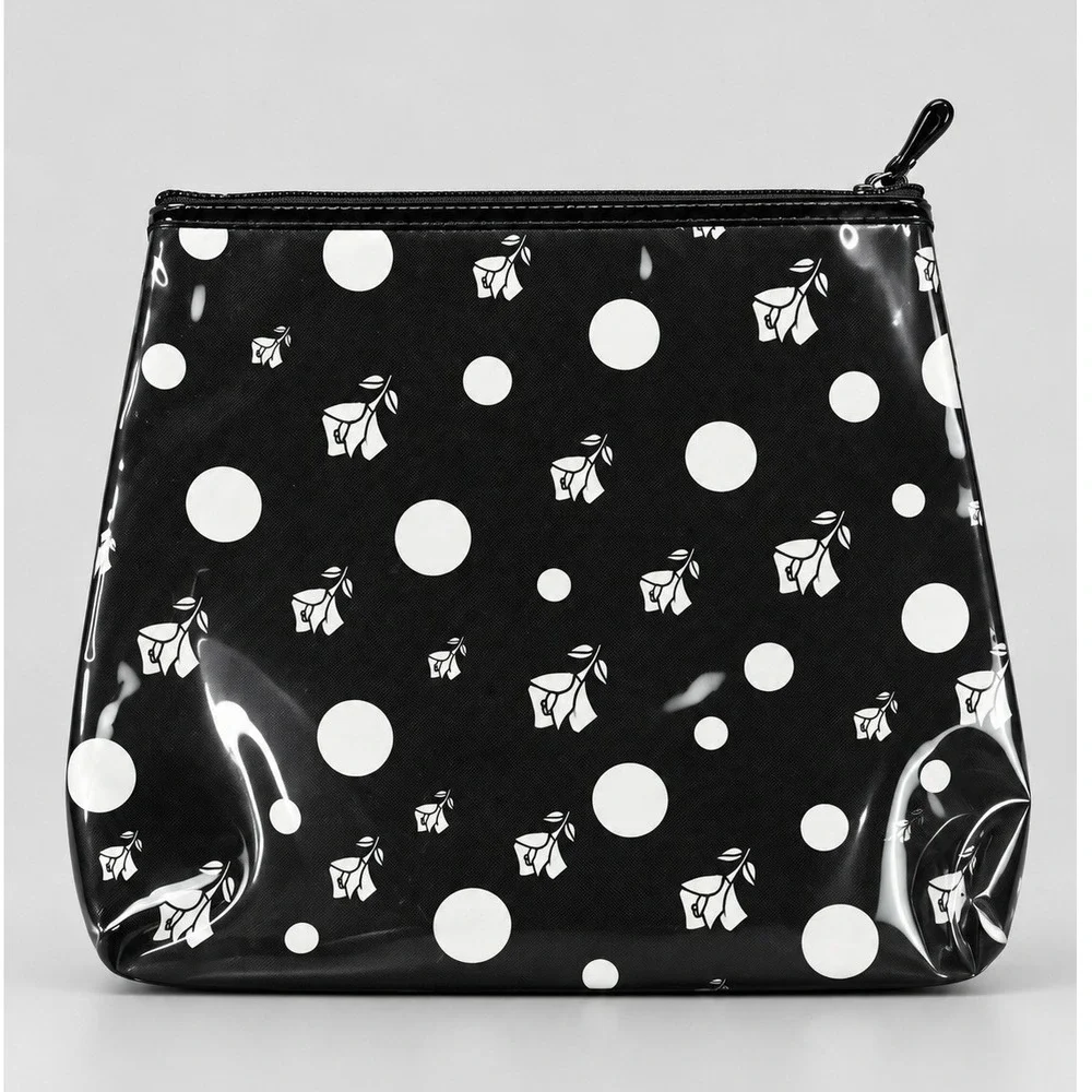 Lancome Black White Polka Dot Rose Floral Vinyl Cosmetic Makeup Bag Pouch 12x9.5